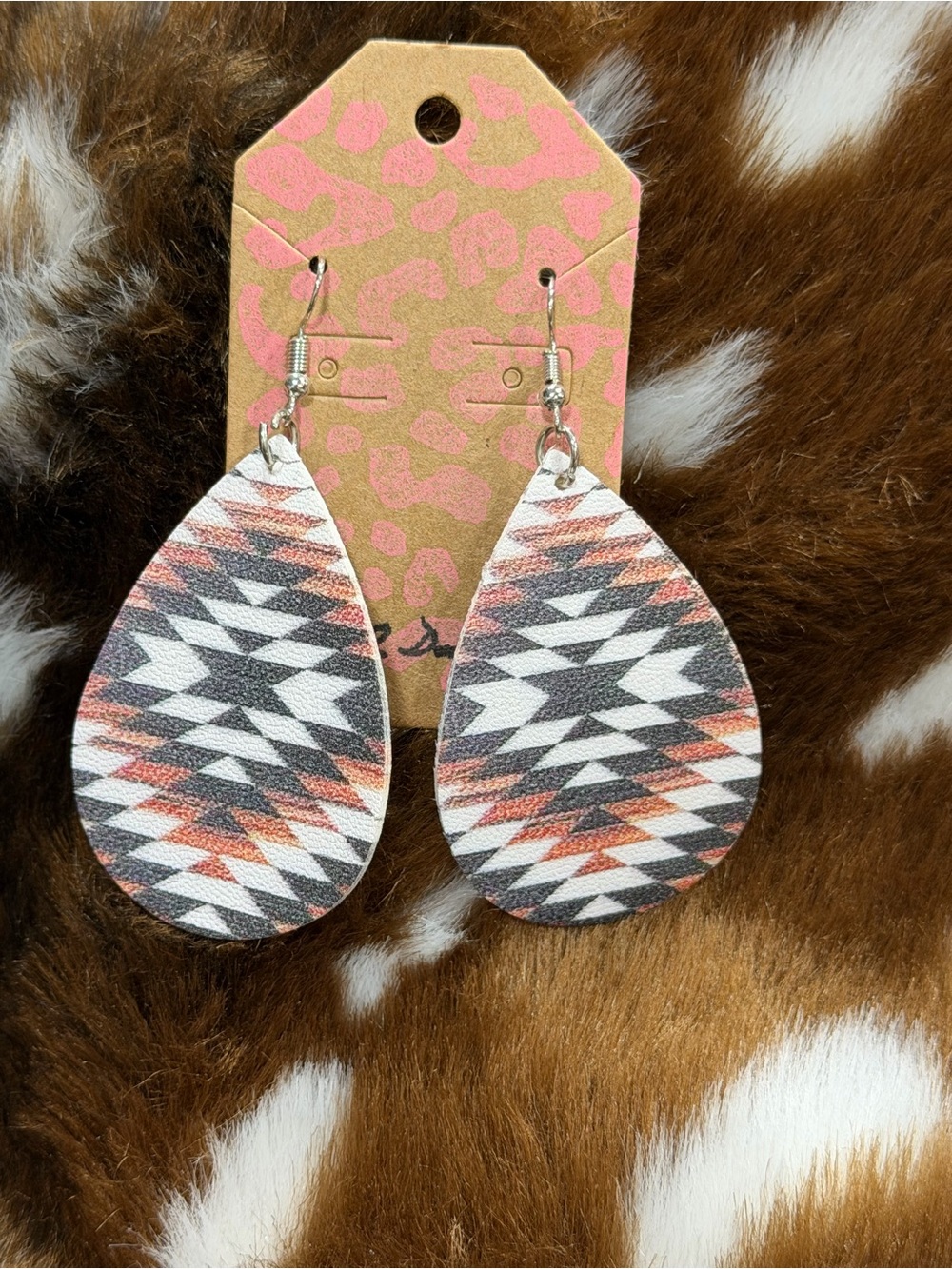 Teardrop Aztec Print Earrings in Black, White & Rust